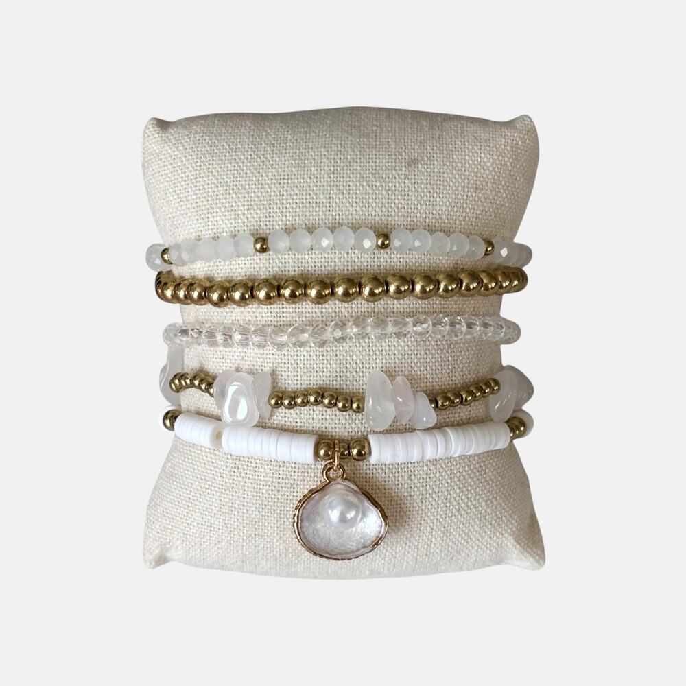 White & Gold 5-Piece Stackable Bracelet Set